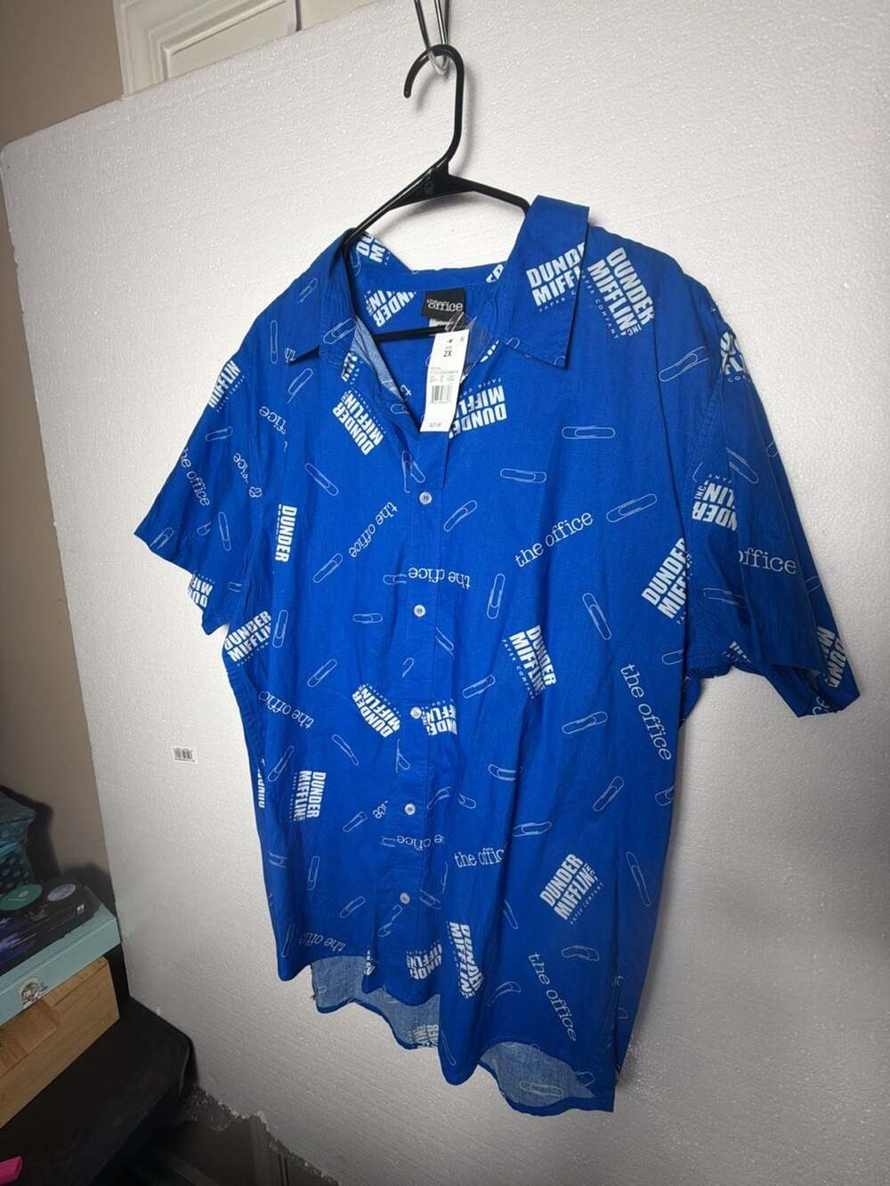The Office Dunder Mifflin Blue All-Over Print Short Sleeve Button-Up Shirt
